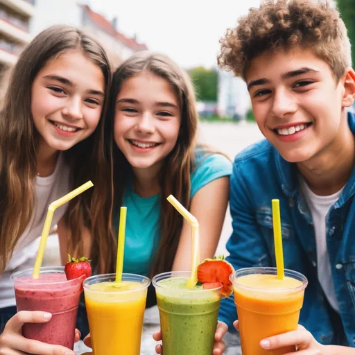 Prompt: teenagers (16-19years old) boys and girls beeing happy whit a smoothie in their hands