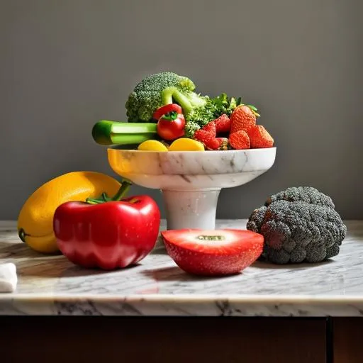 Prompt: fresh veggies and fruit on a marble table