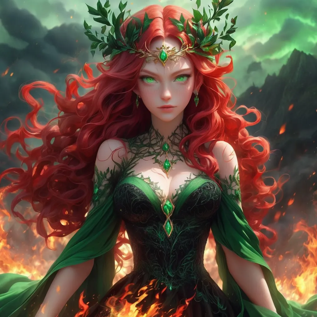 Prompt: Fire goddess in black dress, red hair, green eyes, mythical background,  elemental goddess, crown of fire, fire in her hands,   mythical, fire elemental,  detailed red hair, intense green eyes, black beautifull gown of lace, atmospheric lighting