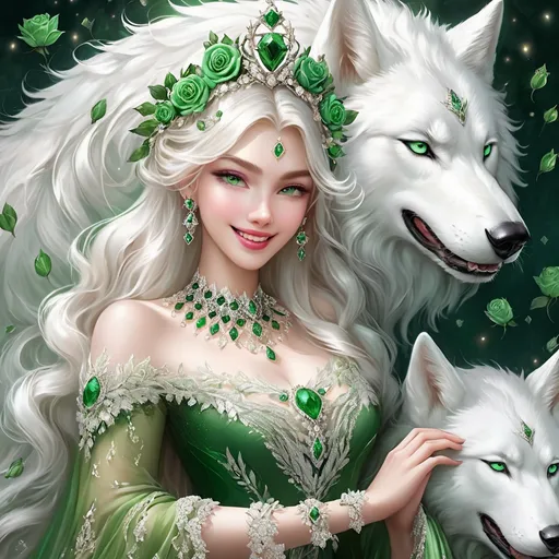 Prompt: a queen, (long white hair) kind and gentle, wearing a green laced dress, smiling softly (perfect face) while petting a white big wolf,  wearing a crown of silver roses on her head, jewels in green collor, diamonds on the dress, strong details, high quality, ultra detailed, vibrant colours