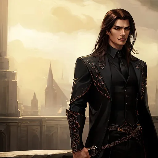 Prompt: Demonic presence, powerful man with brown hair and intense brown eyes, fantasy setting, imposing physique, dressed in sleek black attire, medium-length hair with a gentlemanly demeanor, high quality, ultra-detailed, photographic realism, holding a gleaming katana, dark and mysterious atmosphere, intense and menacing gaze, fantasy, detailed facial features, dramatic lighting