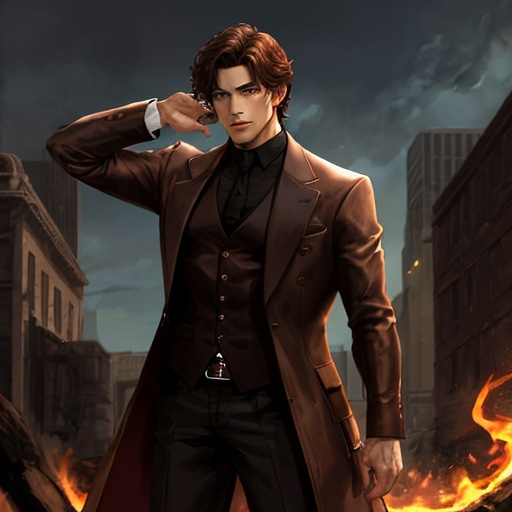 Prompt: man, demonic presence, brown hair, brown eyes, fanthasie setting, strong build, overpowering presence, dressed in black, medium hair, gentelman