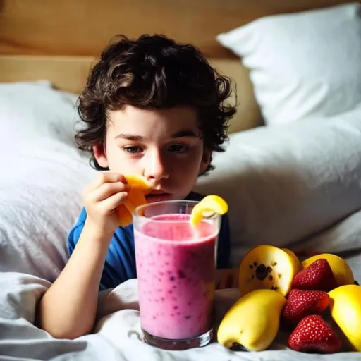 Prompt: A (sick) boy (laying in bed) drinks a smoothie of fruits, and (jumps out of bed) gets stronger and healthier
