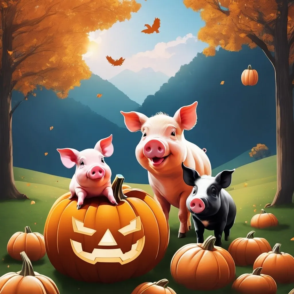 Prompt: Advertising flyer, pumpkin and pig, they are happy and hanging out together outside in the air. beautiful picture, high quality, no blur, beautiful faces, nature in the background, pleasant experience