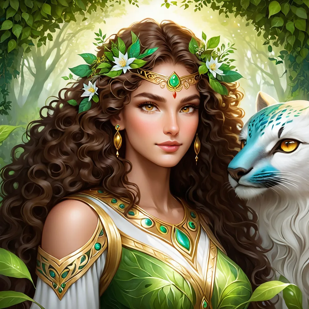 Prompt: earth spirit, earth goddess, caring and nurturing, she is the life of everything, the beginning and the end of all living things. she has brown long hair, big curly curls, golden eyes, gentle and strong gaze. natural setting, strong details, perfect face, ultra strong details, animals around her, fields, forests and greenery