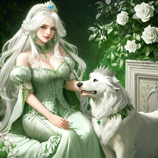 Prompt: a queen, (long white hair) kind and gentle, wearing a green laced dress, smiling softly while petting a white big wolf,  wearing a crown of silver roses, jewels in green collor, diamonds on the dress, strong details, high quality, ultra detailed
