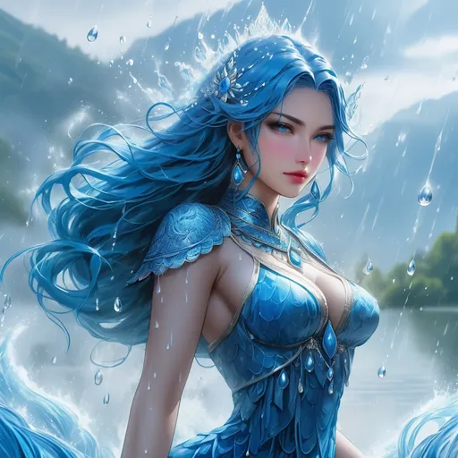 Prompt: goddes of water, ruling over the lake, strong and imposing, blue hair, perfect face, dress made of water droplets in blue color, high quality, strong detail, ultra detailed, vibrant coloring, misty setting
