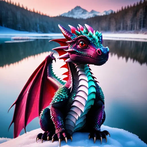 Prompt: A small cute dragon, with green diamonds on him, (red, pink, dark red, color of his scales), a big white mark on his underbelly, sitting near the frosty lake, winter around him, fanthasy setting, enhanced image, high quality, strong details, vibrant colours, perfect image, perfect baby dragon face, beautiful face