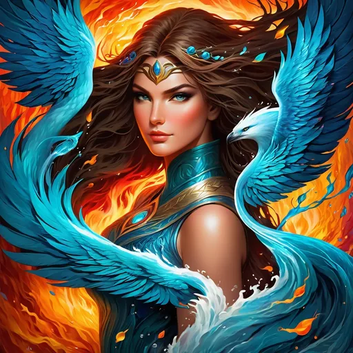 Prompt: 
elemental spirits, water, fire, earth and air, powerful women, perfect faces, strong details, strong colors, vibrant colors, high quality, beautiful environment, natural environment,