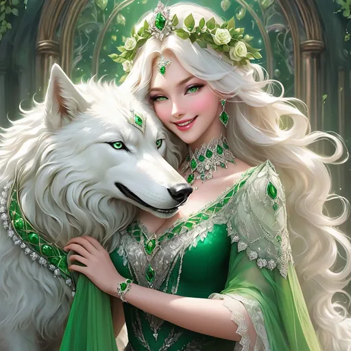 Prompt: a queen, (long white hair) kind and gentle, wearing a green laced dress, smiling softly (perfect face) while petting a white big wolf,  wearing a crown of silver roses on her head, jewels in green collor, diamonds on the dress, strong details, high quality, ultra detailed, vibrant colours