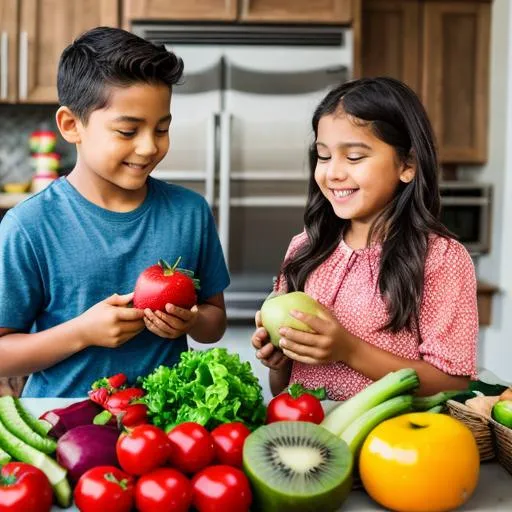 Prompt: people helping children learn the importance of fresh veggies and fruit
