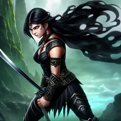 Prompt: A young warrior valkirie, with black hair and green eyes, dressed in a black dress with silver shackles around her arms. She stands on the bones of her enemies, with two swords in both hands. Tears of blood run down her face from the pain fanthasy setting, enhanced image, high quality, strong details, vibrant colours, perfect image, perfect face, beautiful face
