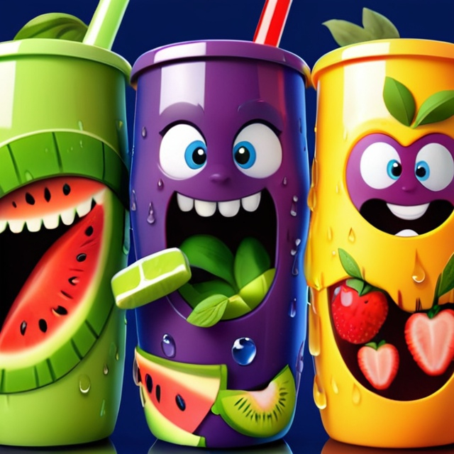 Prompt: smoothie cups, with fruits and veggies, ice cubes, water droplets, tasty looking,cute cups, for children, jummy, funny, collorfull