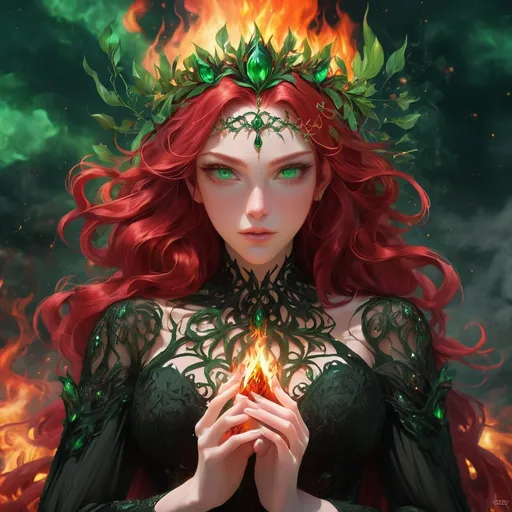 Prompt: Fire goddess in black dress, red hair, green eyes, mythical background,  elemental goddess, crown of fire, fire in her hands,   mythical, fire elemental,  detailed red hair, intense green eyes, black beautifull gown of lace, atmospheric lighting
