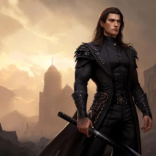 Prompt: Demonic presence, powerful man with brown hair and intense brown eyes, fantasy setting, imposing physique, dressed in sleek black attire, medium-length hair with a gentlemanly demeanor, high quality, ultra-detailed, photographic realism, holding a gleaming katana, dark and mysterious atmosphere, intense and menacing gaze, fantasy, detailed facial features, dramatic lighting
