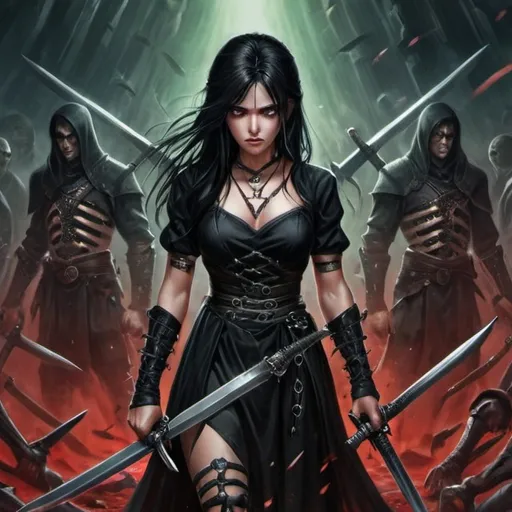 Prompt: A young warrior woman, with black hair and green eyes, dressed in a black dress with silver shackles around her arms. She stands on the bones of her enemies, with two swords in both hands. Tears of blood run down her face from the pain.


