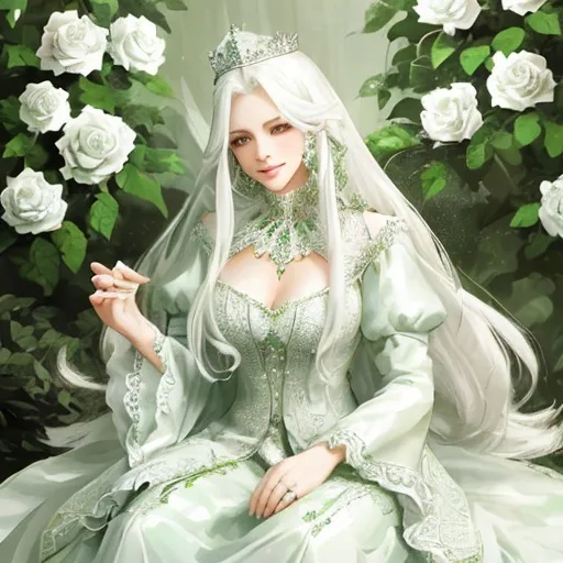 Prompt: a queen, (long white hair) kind and gentle, wearing a green laced dress, smiling softly while petting a white big wolf,  wearing a crown of silver roses, jewels in green collor, diamonds on the dress, strong details, high quality, ultra detailed