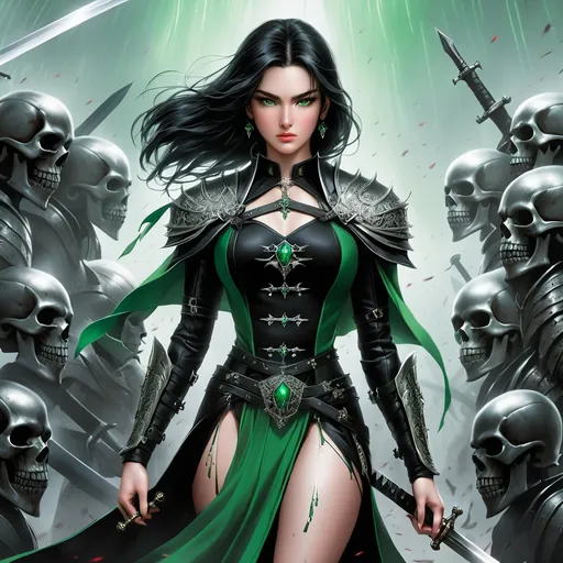 Prompt: A young warrior valkirie, with black hair and green eyes, dressed in a black dress with silver shackles around her arms. She stands on the bones of her enemies, with two swords in both hands. Tears of blood run down her face from the pain fanthasy setting, enhanced image, high quality, strong details, vibrant colours, perfect image, perfect face, beautiful face
