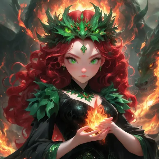 Prompt: Fire goddess in black dress, red hair, green eyes, mythical background, baby dragon, elemental goddess, crown, fire in her hands,  full-body visual, mythical, fire elemental, baby dragon, detailed red hair, intense green eyes, black beautifull dress, crown, atmospheric lighting