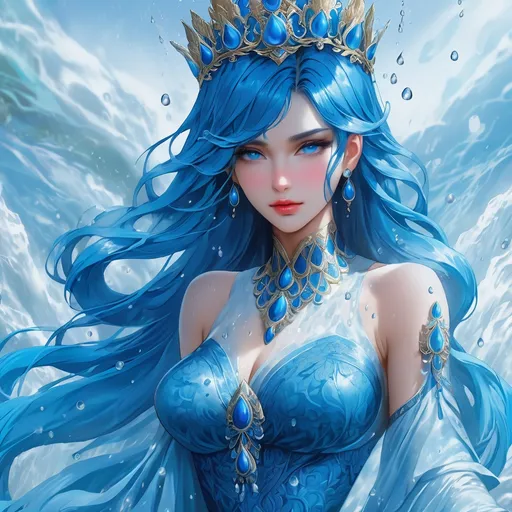 Prompt: goddes of water, ruling over the lake, strong and imposing, blue hair, perfect face, dress made of water droplets in blue color, high quality, strong detail, ultra detailed, vibrant coloring, misty setting