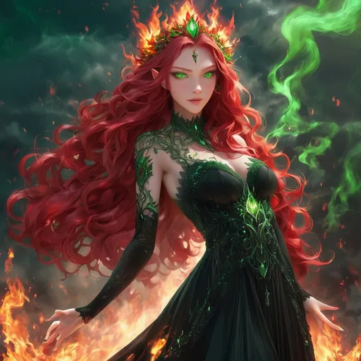 Prompt: Fire goddess in black dress, red hair, green eyes, mythical background,  elemental goddess, crown of fire, fire in her hands,   mythical, fire elemental,  detailed red hair, intense clear green eyes, black beautifull gown of lace, atmospheric lighting