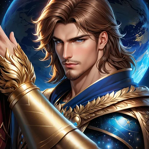 Prompt: a beautifull man, ruler of all, brown hair, arogant and confident, he who holds the world in the palm of his hand is the most powerfull, night setting, high quality, strong detail, ultra detailed, vibrant coloring,