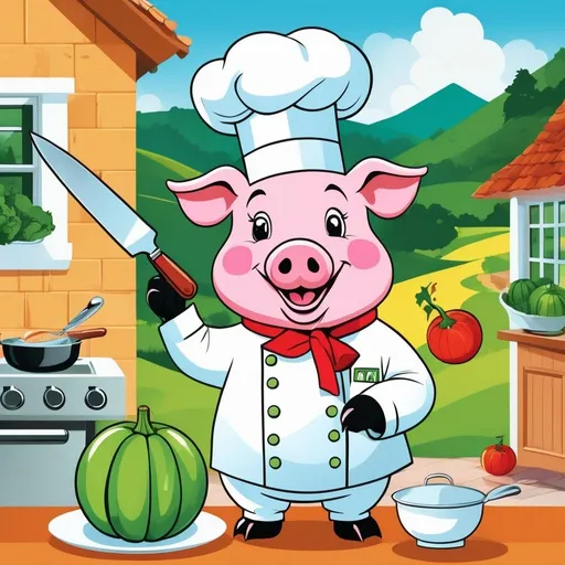 Prompt: advertising leaflet. a pig dressed as a chef, in one paw he has a green gourd and in the other a knife... The pig laughs at a nice meal and enjoys the fresh air. nature, family motifs, happy, beautiful picture, beautiful faces, cartoon shapes.  beautiful picture, high quality, no blur, beautiful faces, nature in the background, pleasant experience