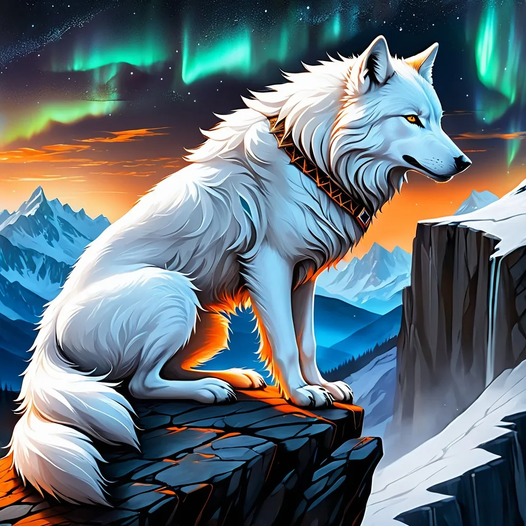 Prompt: a white wolf with orange eyes, sitting on a cliff and howeling for her mistress, strong details, high quality, ultra details, mithycal setting, night with stars and aurora borealis shining