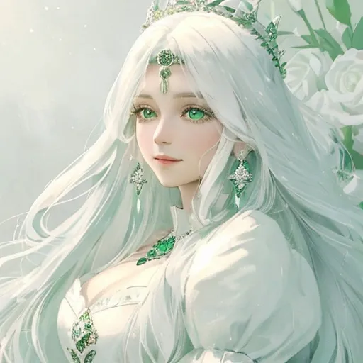 Prompt: a queen, (long white hair) kind and gentle, wearing a green laced dress, smiling softly (perfect face) while petting a white big wolf,  wearing a crown of silver roses on her head, jewels in green collor, diamonds on the dress, strong details, high quality, ultra detailed, vibrant colours