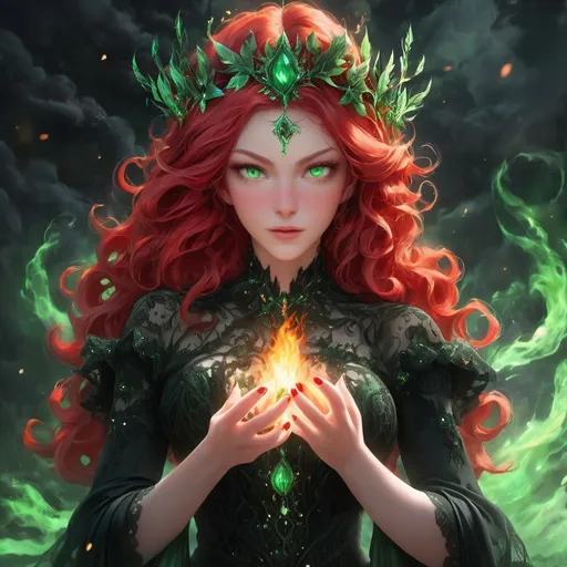 Prompt: Fire goddess in black dress, red hair, green eyes, mythical background,  elemental goddess, crown of fire, fire in her hands,   mythical, fire elemental,  detailed red hair, intense clear green eyes, black beautifull gown of lace, atmospheric lighting