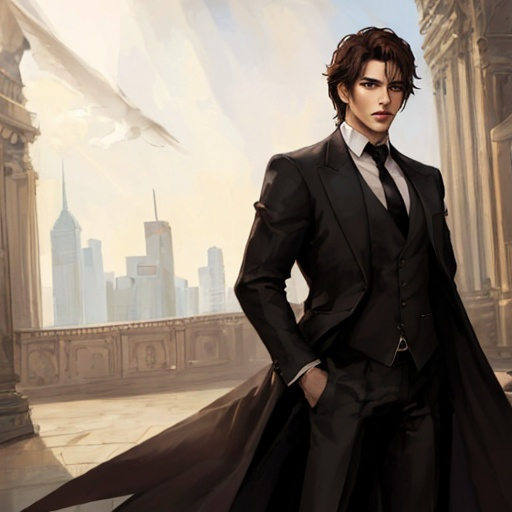 Prompt: man, demonic presence, dangerous man brown hair, brown eyes, fanthasie setting, strong build, overpowering presence, dressed in black, medium hair, gentelman