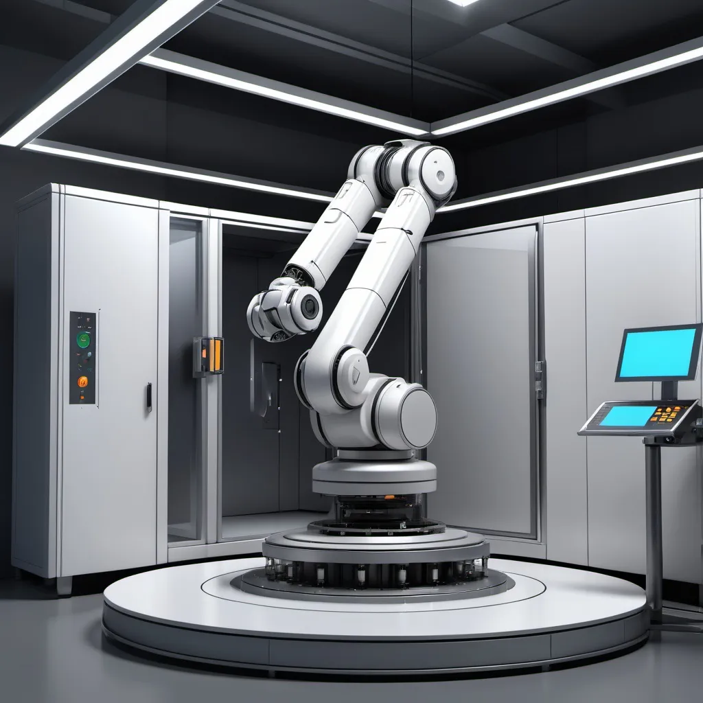 Prompt: 3d rendering of a futuristic industrial robot inspection cell. The robot is 6 axis and has a 3D scanner attached to axis 6. There is also a large turntable