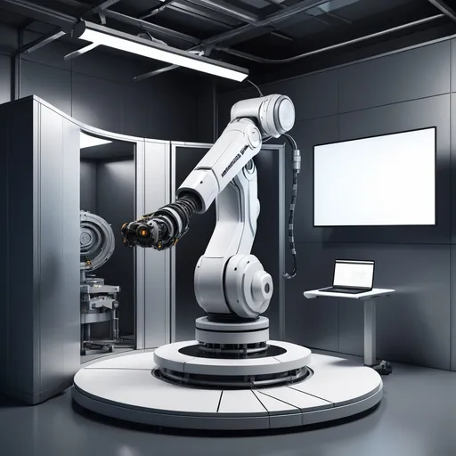 Prompt: 3d rendering of a futuristic industrial robot inspection cell. The robot is 6 axis and has a 3D scanner attached to axis 6. There is also a large turntable