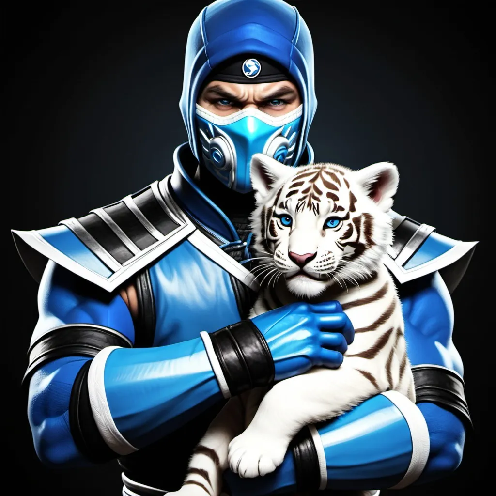 Prompt: Make me a picture of subzero in his original mortal kombat suit holding  a tiny baby white tiger by its neck 