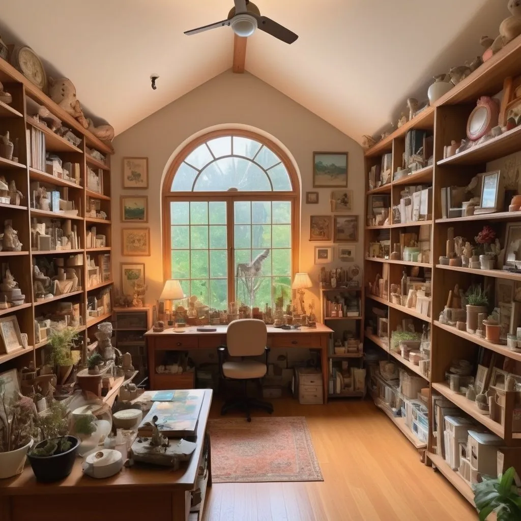 Prompt: Juminocore, lamp core, huge room, Ghibli-inspired art hobby room with shelves and a huge window, natural lighting, detailed art supplies, cozy atmosphere, high quality, warm tones, whimsical, studio Ghibli, detailed interior, artistic, natural light, tranquil setting, filled shelves, creative space, serene ambiance, detailed textures, peaceful