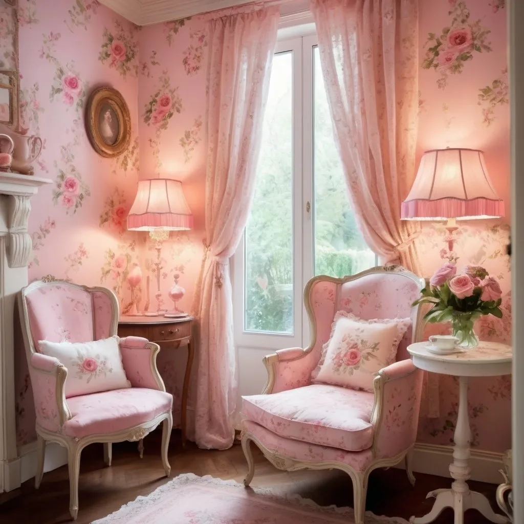 Prompt: Shabby chic, French decor, floral print wallpaper, pink overload, cozy lighting, vintage furniture, feminine details, high quality, detailed, pastel colors, coquette, romantic atmosphere, cozy lighting