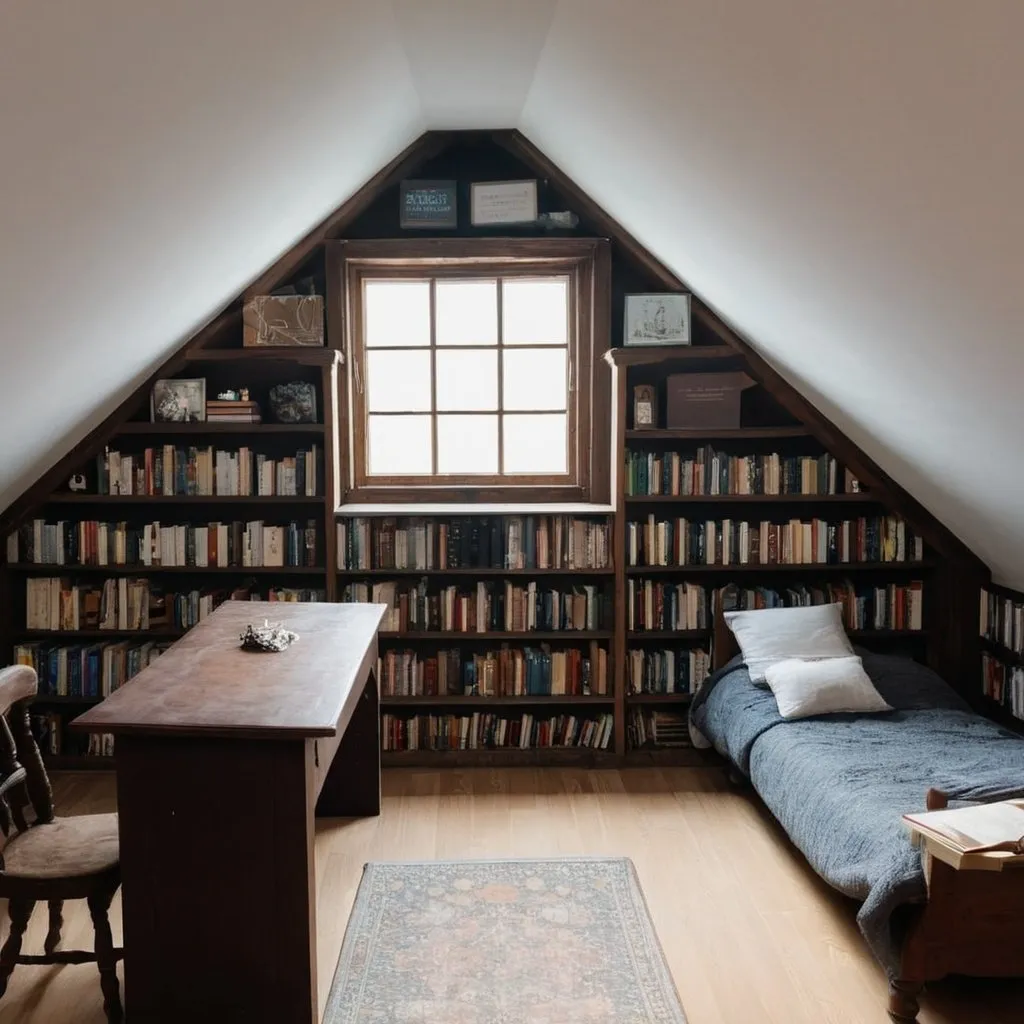 Prompt: dark academia attic,with book shelves, and a little window