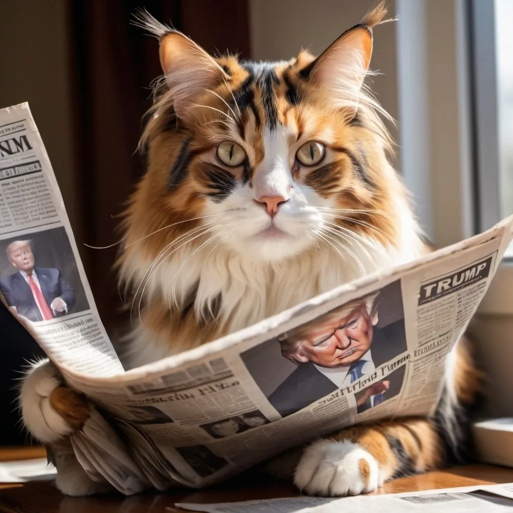 Prompt: Calico cat with Donald Trump-like hair reading newspaper, detailed fur with newspaper reflection, intense and focused gaze, newspaper in paws, realistic, high-quality, detailed, warm lighting, detailed eyes, newspaper reading, calico fur, Trump-like hair, professional