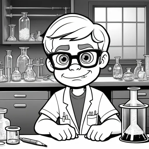 Prompt: Coloring book illustration of Dexter, playful and curious expression, black ans white, detailed lab equipment, Dexter's laboratory setting, high quality, playful, detailed equipment, laboratory setting, curious expression, looks just like dexter