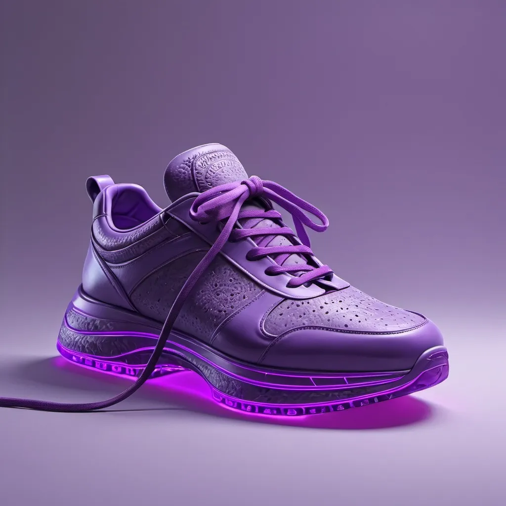 Prompt: a pair of neon colored shoes with purple laces on them and a purple sole on the bottom of the shoe, Didier Mouron, synchromism, finely detailed features, a 3D render