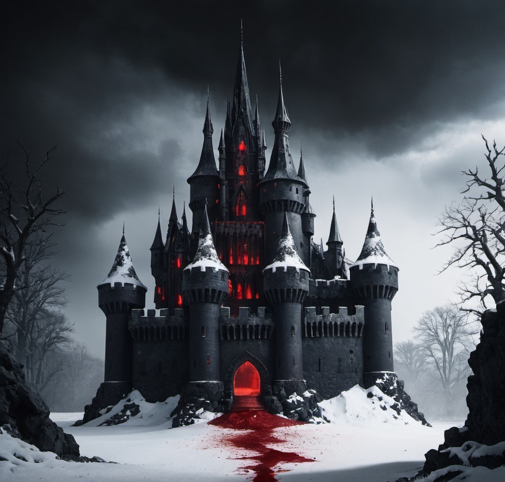 Prompt: Dark castle with bloodstained snow outside 