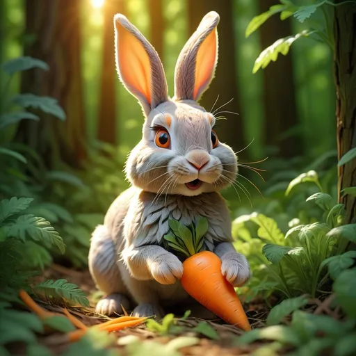 Prompt: Rabbit in a dense forest, vibrant green foliage surrounding, biting a fresh orange carrot, sunlight filtering through the leaves creating a dappled light effect, warm and inviting atmosphere, soft shadows dancing on the ground, intricate details in the fur, ultra-detailed, 4K, tranquil harmonies of nature in the background.