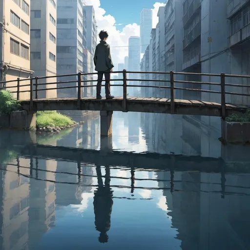 Prompt: anime a man on a bridge looking down in the water and seeing his reflection and the city's
