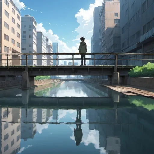 Prompt: anime a man on a bridge looking down in the water and seeing his reflection and the city's
