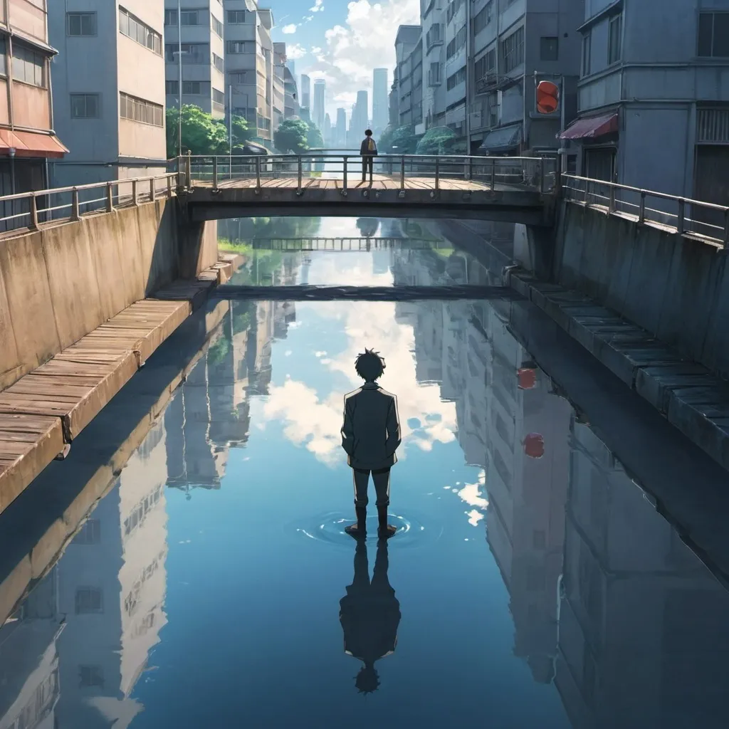 Prompt: anime a man on a bridge looking down in the water and seeing his reflection and the city's
