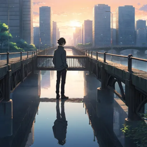 Prompt: anime a man leaning on a bridge looking down and seeing his own reflection and the city's