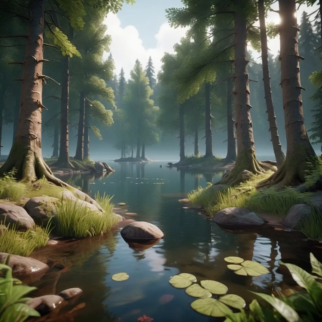 Prompt: a mysterious forest next to a lake, high quality, unreal engine
