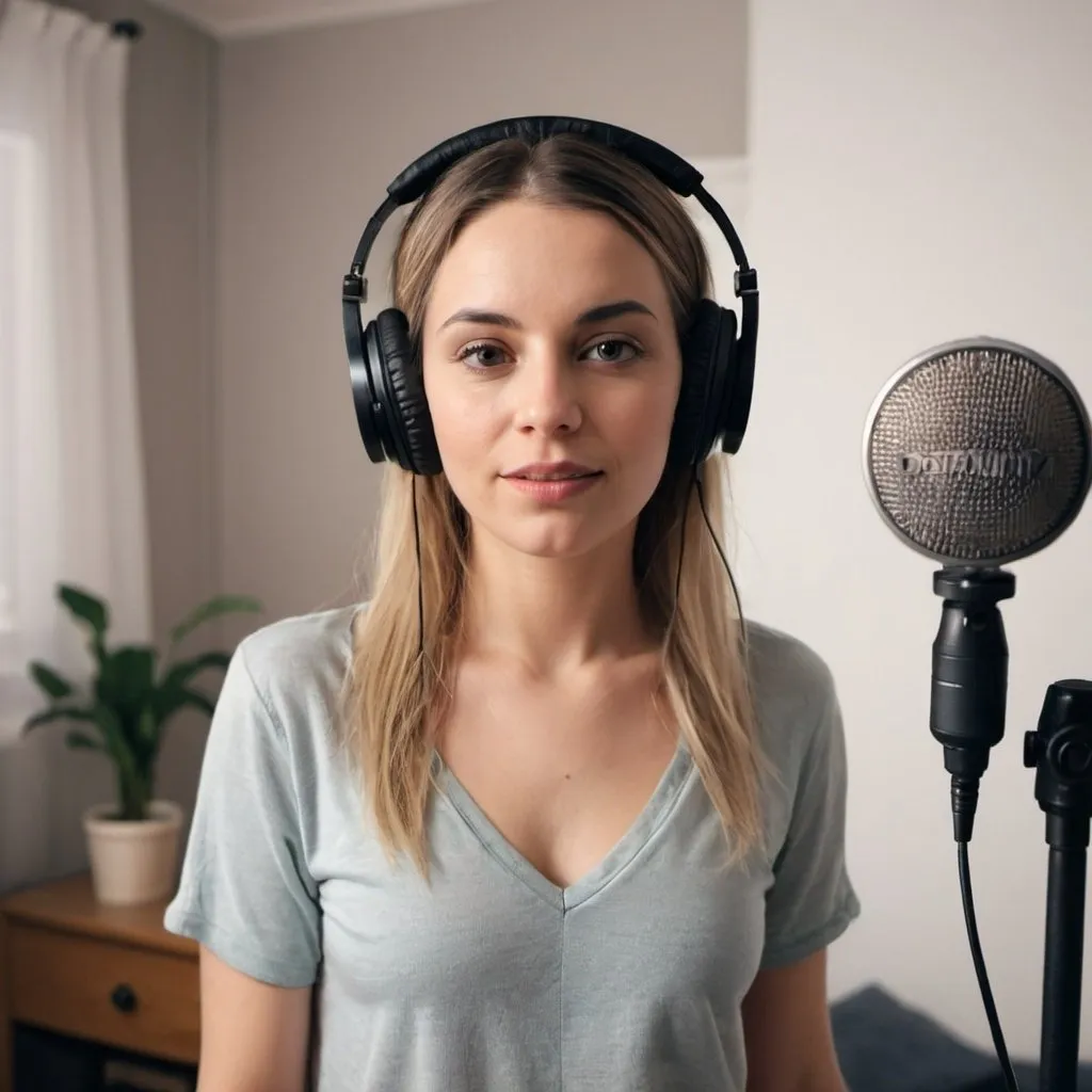 Prompt: Photo of a beautiful woman with headphones 
in her bedroom studio. She looks the camera and makes a sing to the condensor microphone in front of her