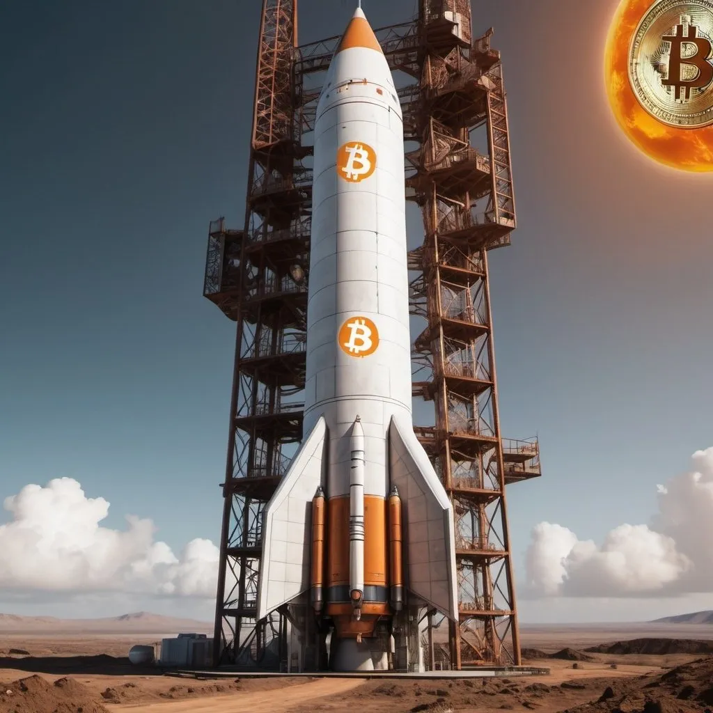 Prompt: A photo-realistic picture of large retro-futuristic rocket at a launch tower with a Bitcoin Logo on it. The rocket has three large sphere shaped fuel tanks. Everything is rusty. The picture is taken from the base of the rocket looking up.