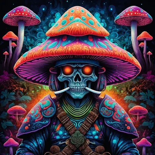 Prompt: Psychedelic illustration of a mystical mushroom samurai, vibrant colors, surreal psychedelic atmosphere, intricate psychedelic patterns, glowing psychedelic details, high quality, detailed, psychedelic art, surreal, vibrant colors, mushroom samurai, intricate patterns, mystical, otherworldly, surreal atmosphere, vibrant glow, psychedelic lighting, captivating, mesmerizing